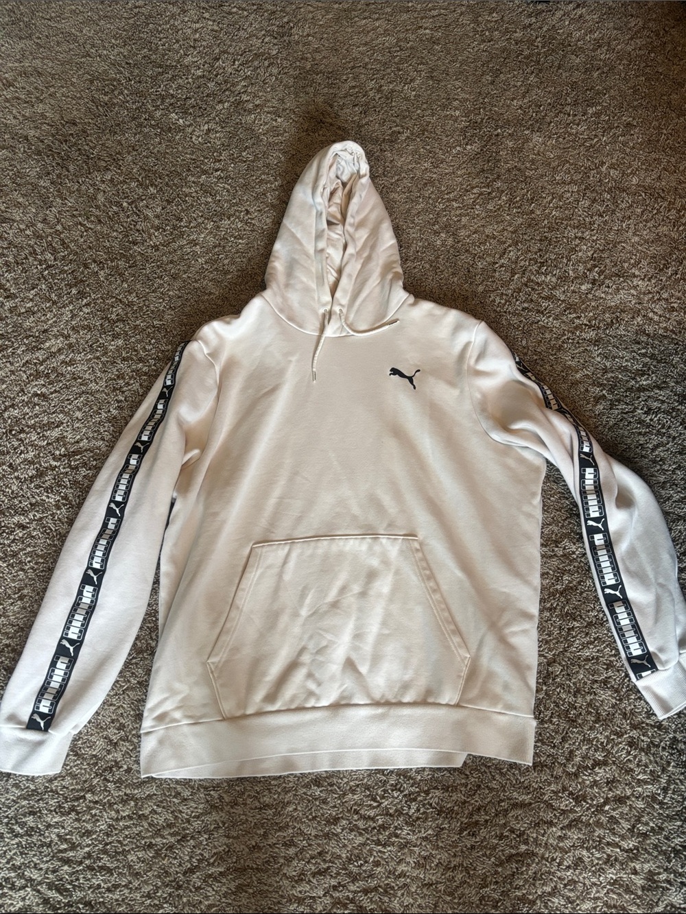 Puma Men’s Cream Pullover Hoodie with Black Logo Tape Sleeves